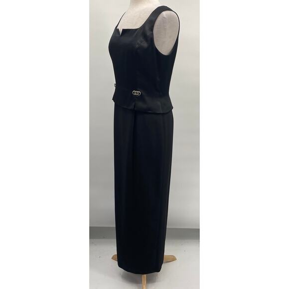 Vintage 90s Papell Boutique Satin Gown Layered Peplum Bodice Embellished Black 8 - Picture 5 of 11